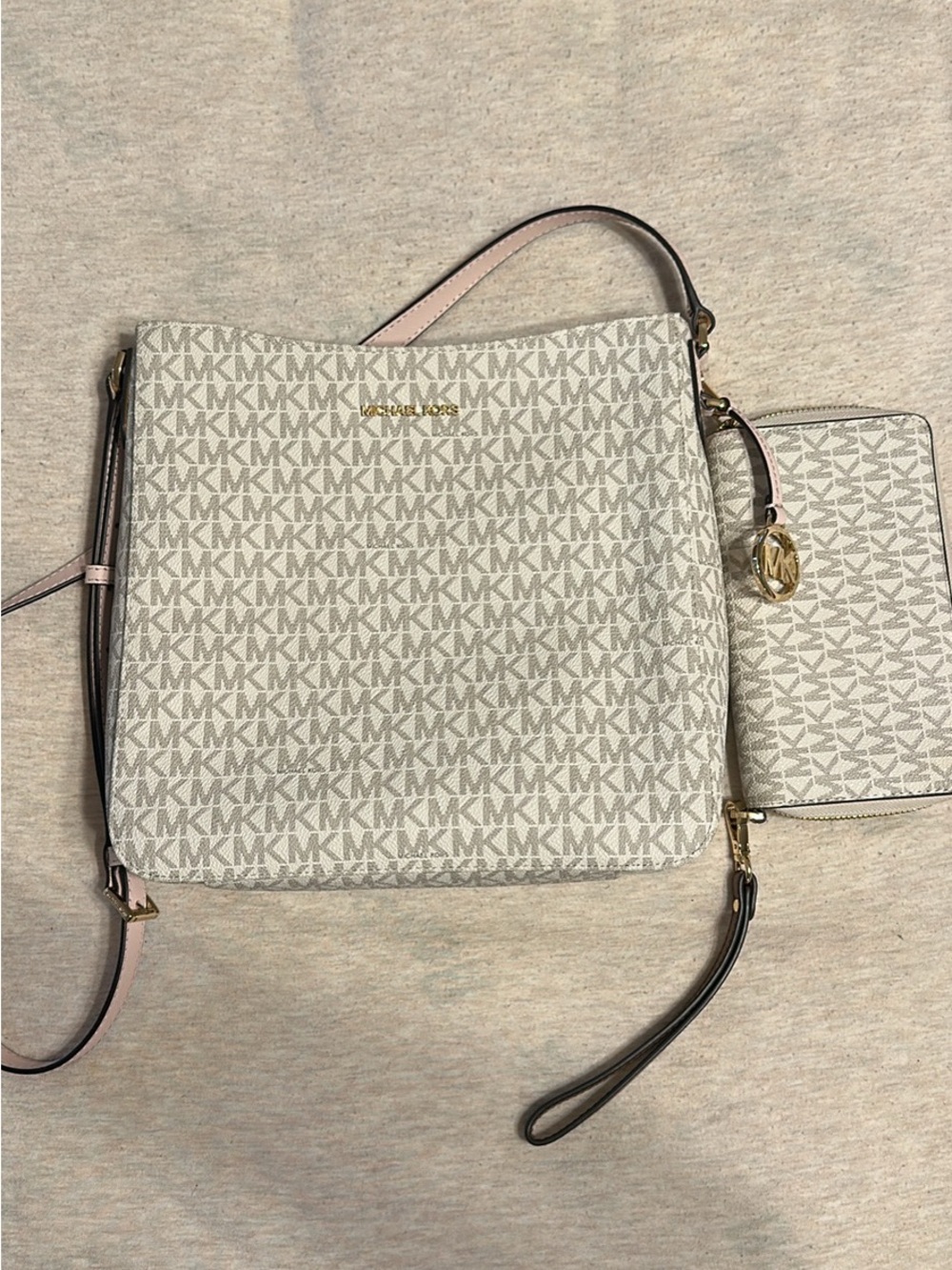 Michael Kors Signature MK Monogram Crossbody Bag in Vanilla and Pale Pink